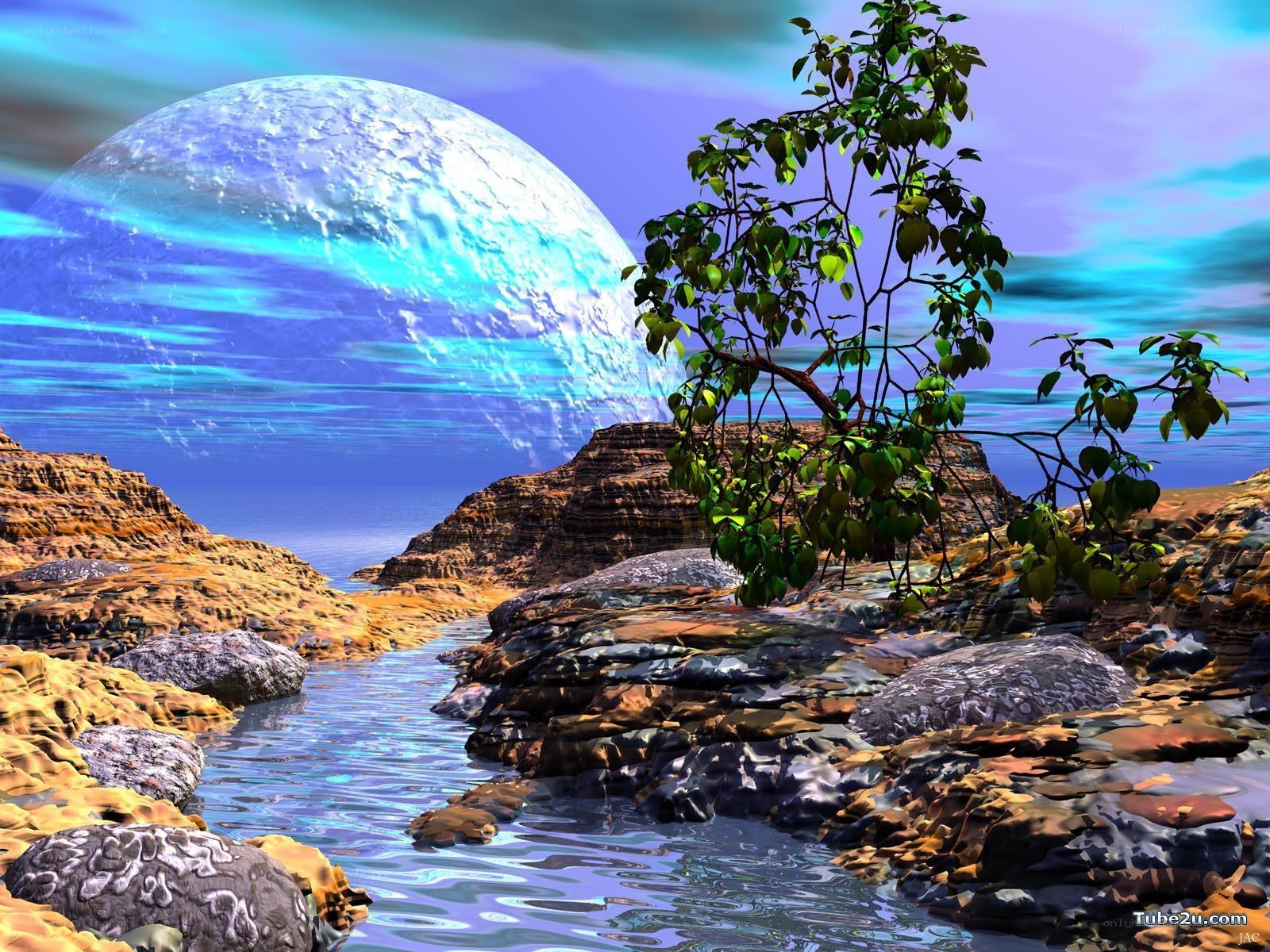 Alien landscape with giant moon