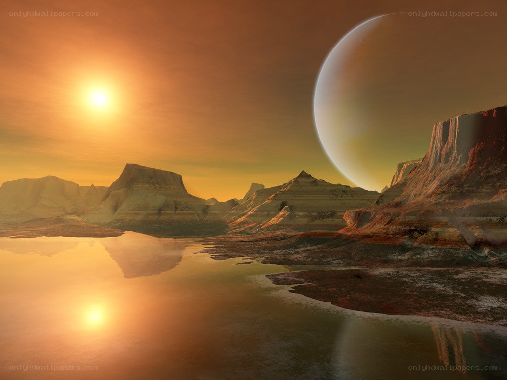 Alien landscape with giant planet