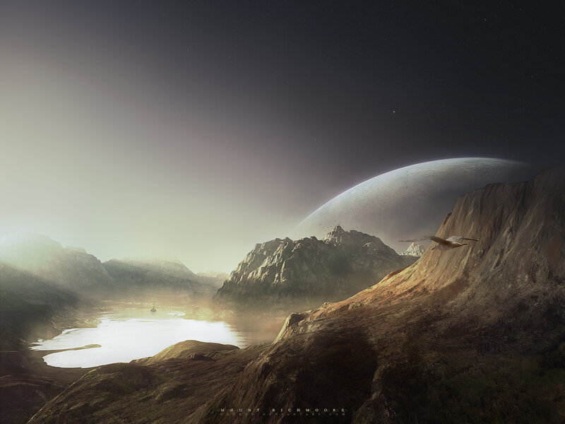 Alien landscape with giant planet