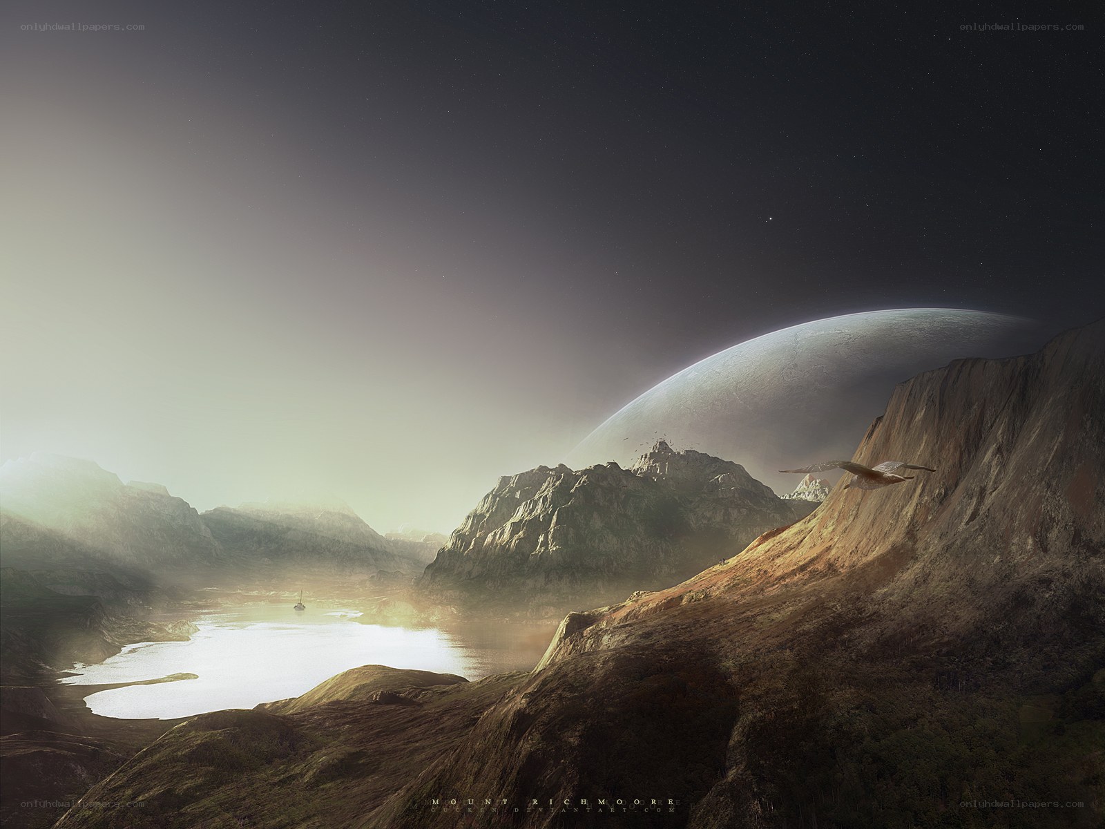 Alien landscape with giant planet
