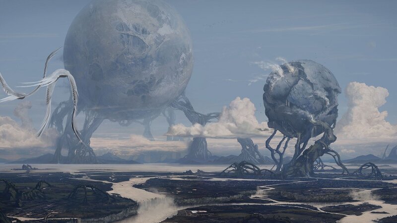 alien landscape with giant spheres