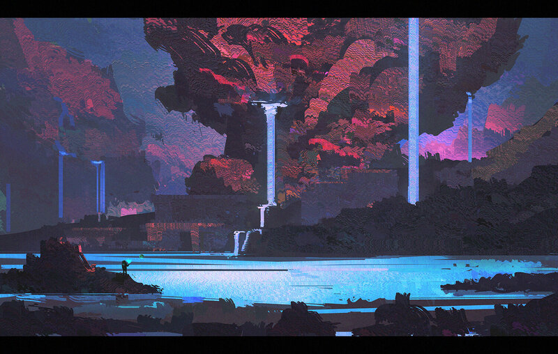 Alien Landscape with Glowing Pillars — Blue