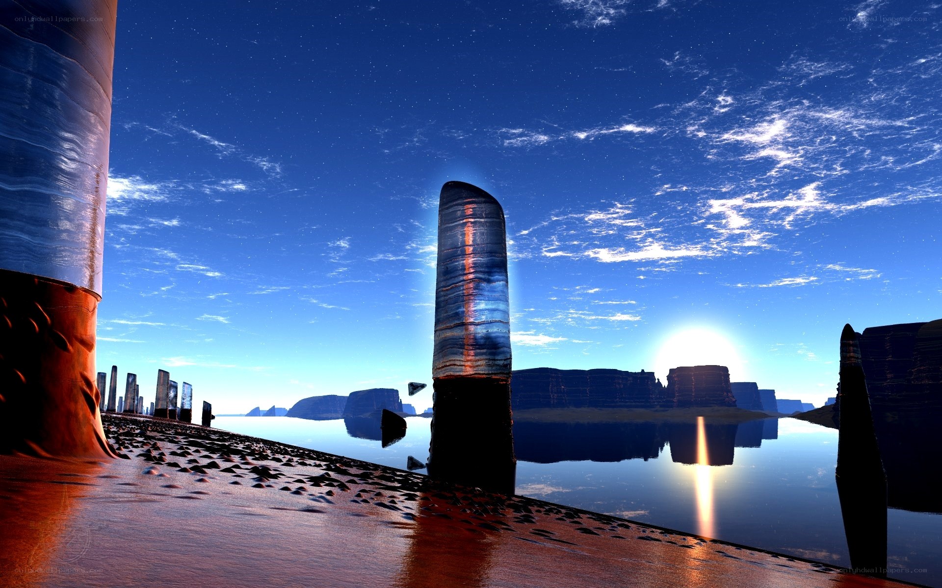 alien landscape with glowing pillars