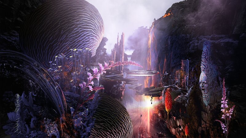 Alien Landscape with Glowing Plants — Purple, Dramatic