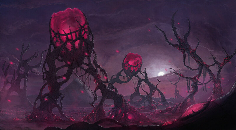 alien landscape with glowing red orbs