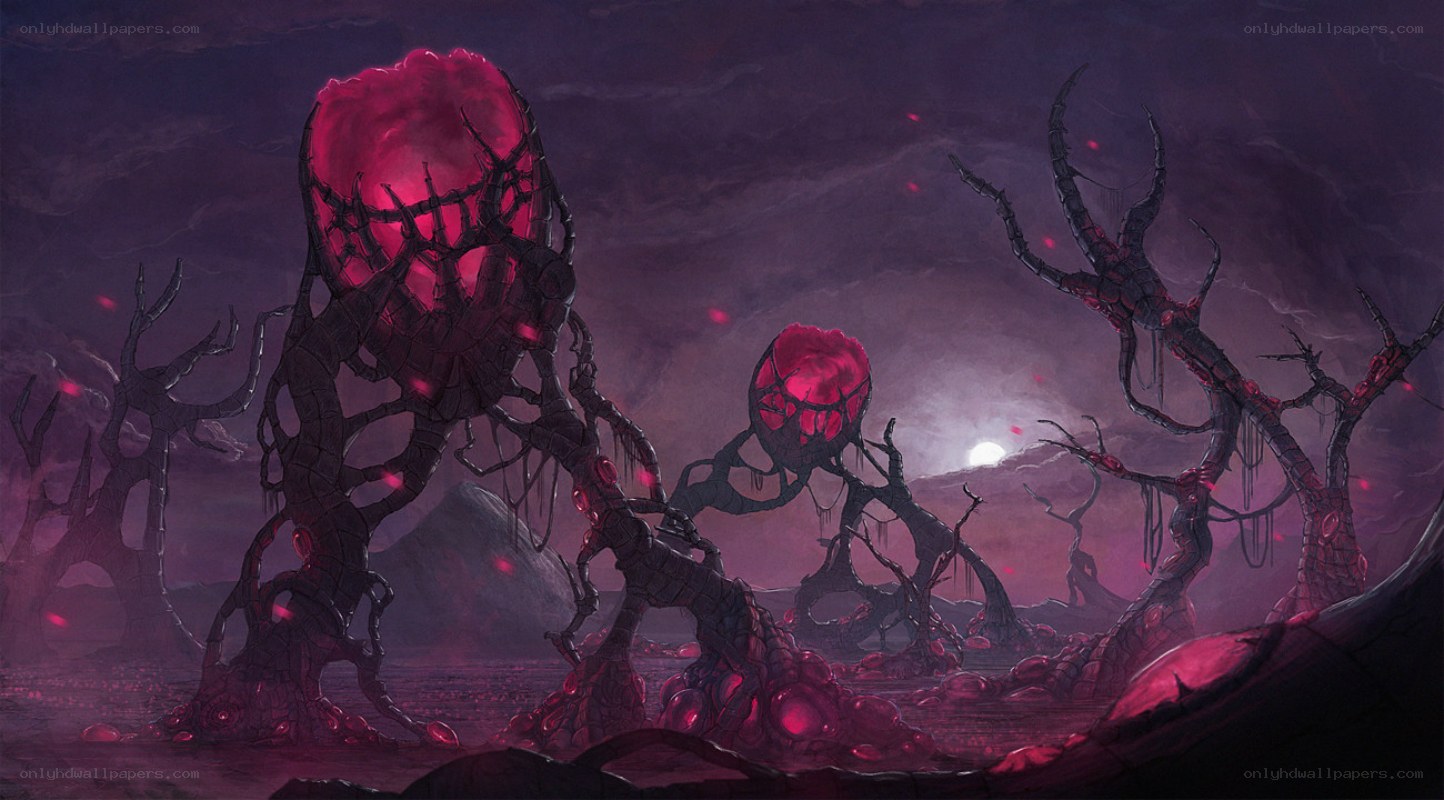 alien landscape with glowing red orbs