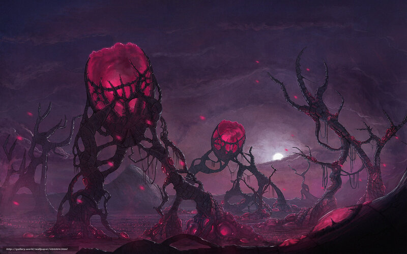 alien landscape with glowing red orbs