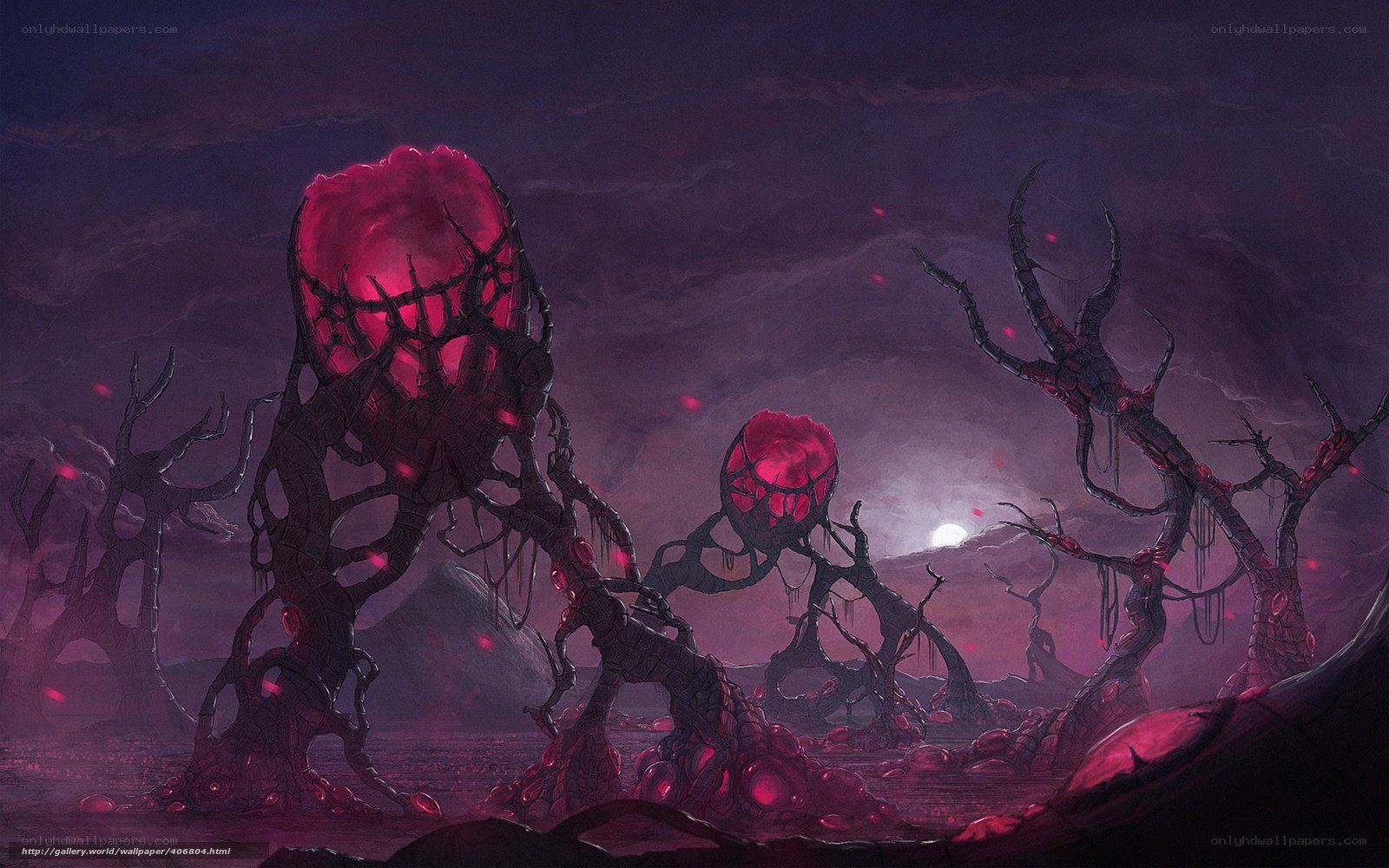 alien landscape with glowing red orbs