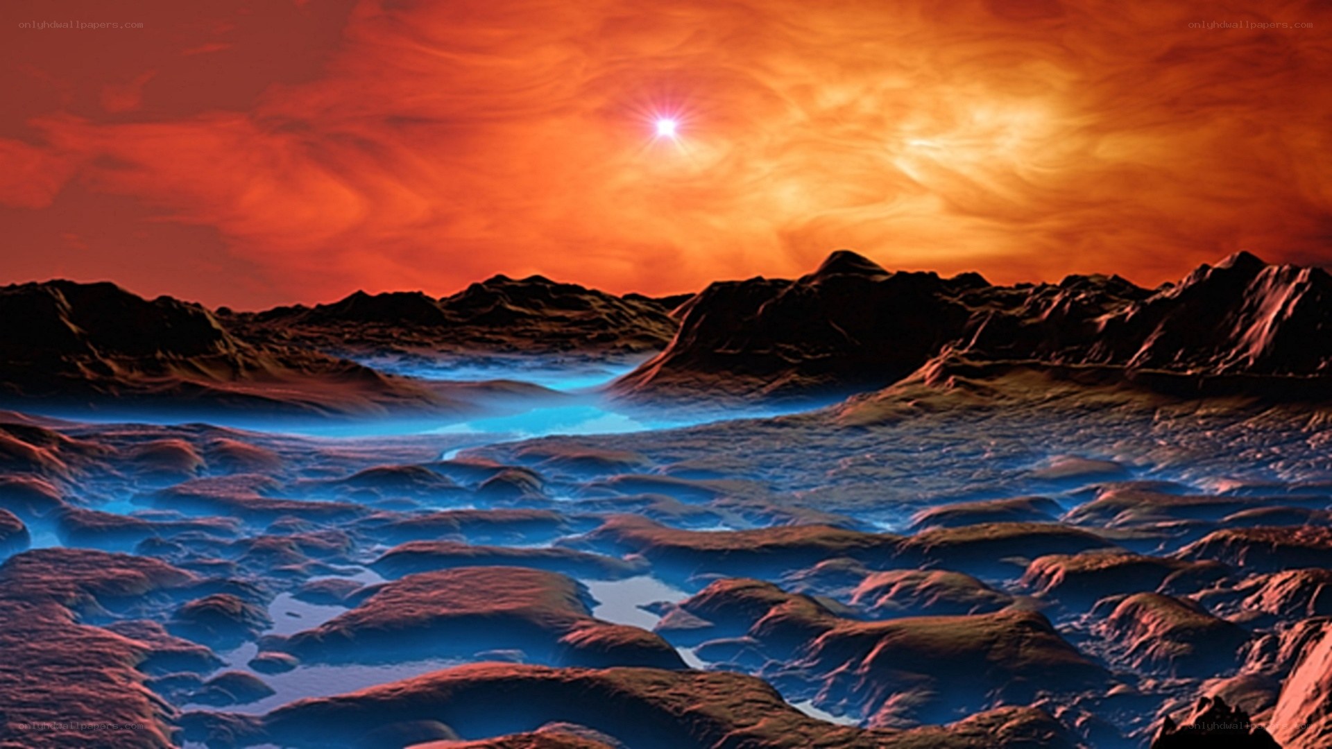 alien landscape with glowing river