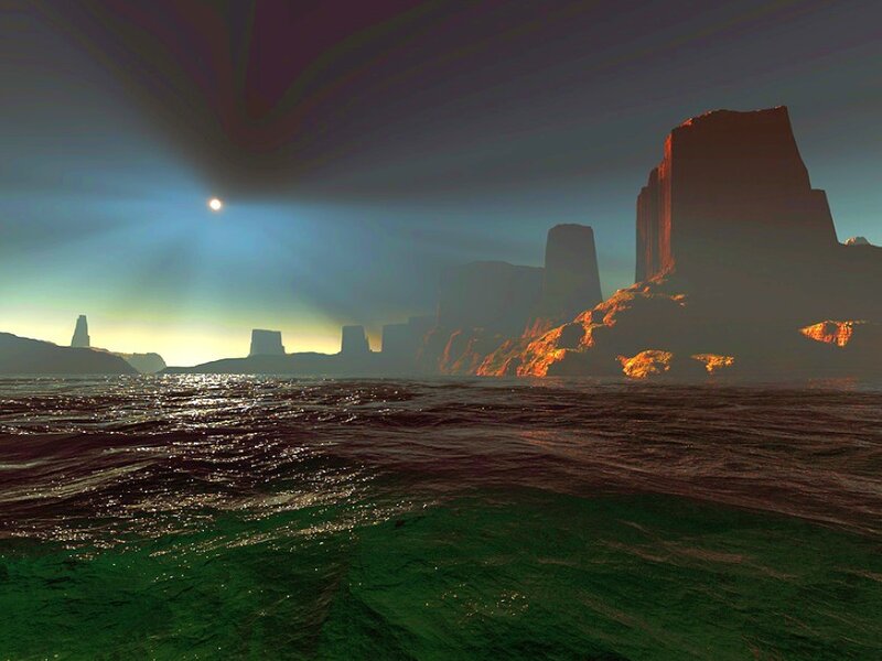 alien landscape with glowing sea