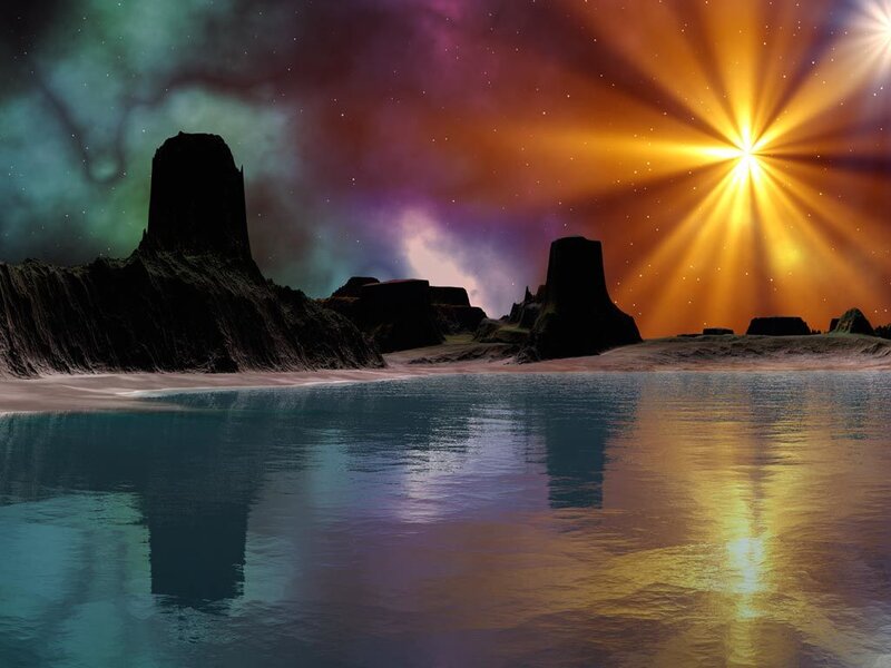 alien landscape with glowing star