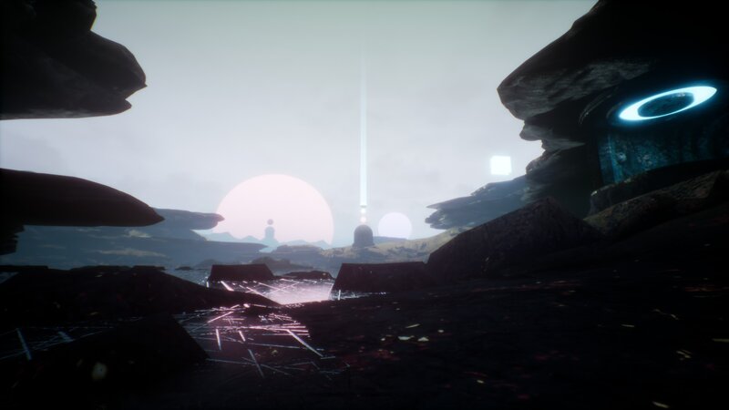 Alien Landscape with Glowing Structures — Black