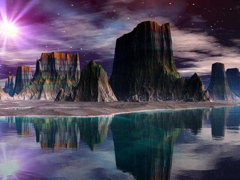 alien landscape with glowing sun