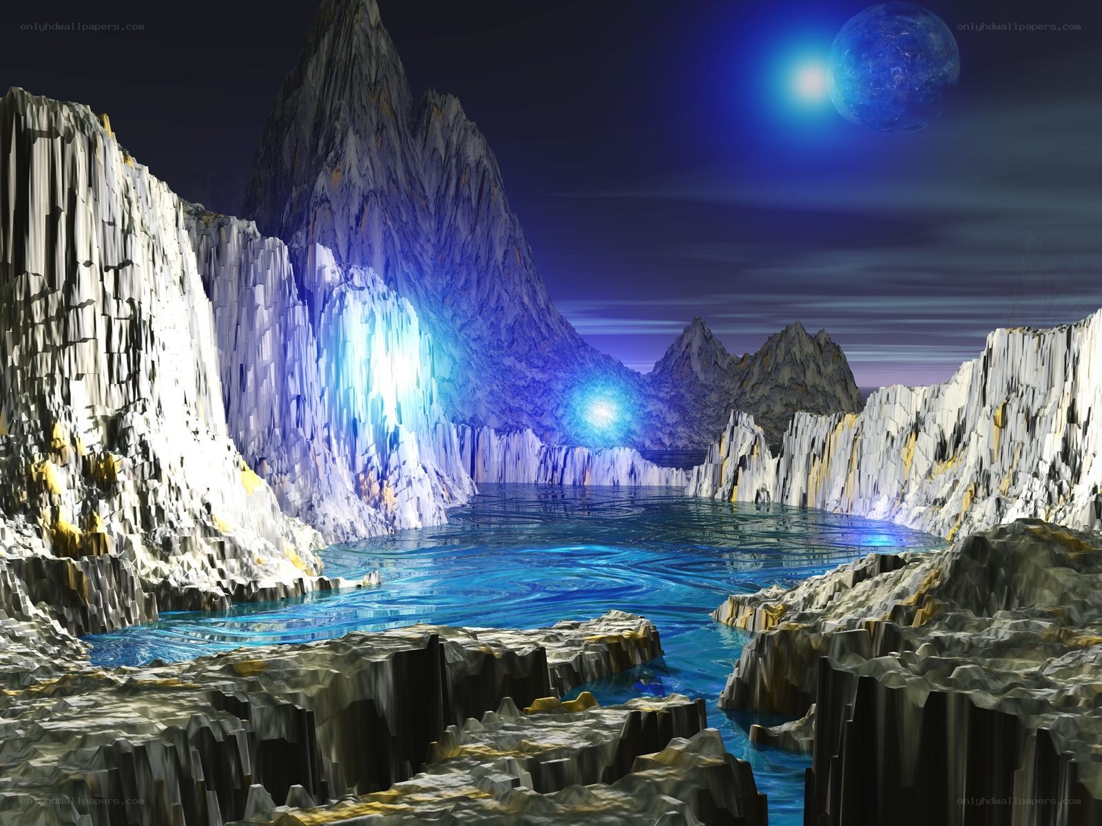 alien landscape with glowing water