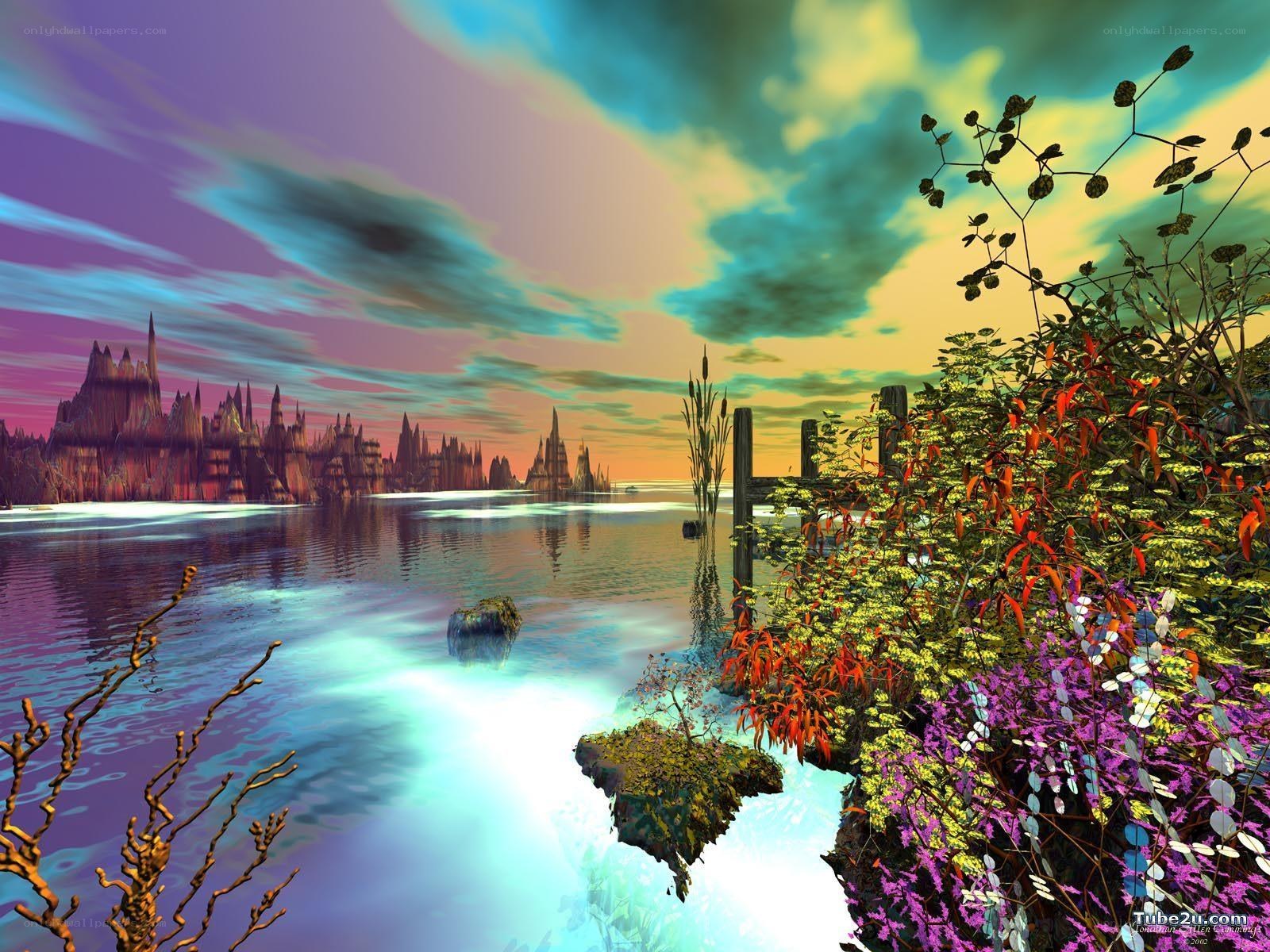 alien landscape with glowing water
