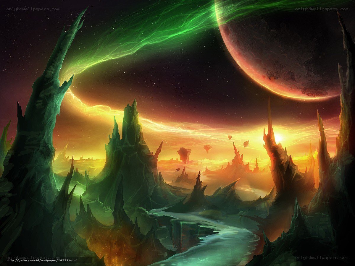 alien landscape with green aurora
