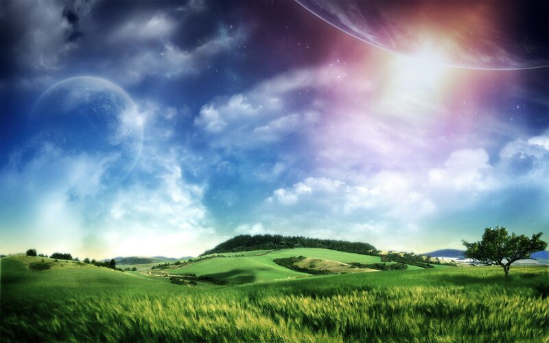 Alien landscape with green fields