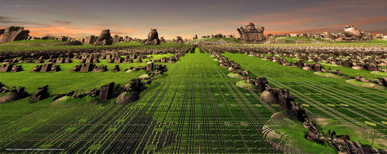 alien landscape with green fields