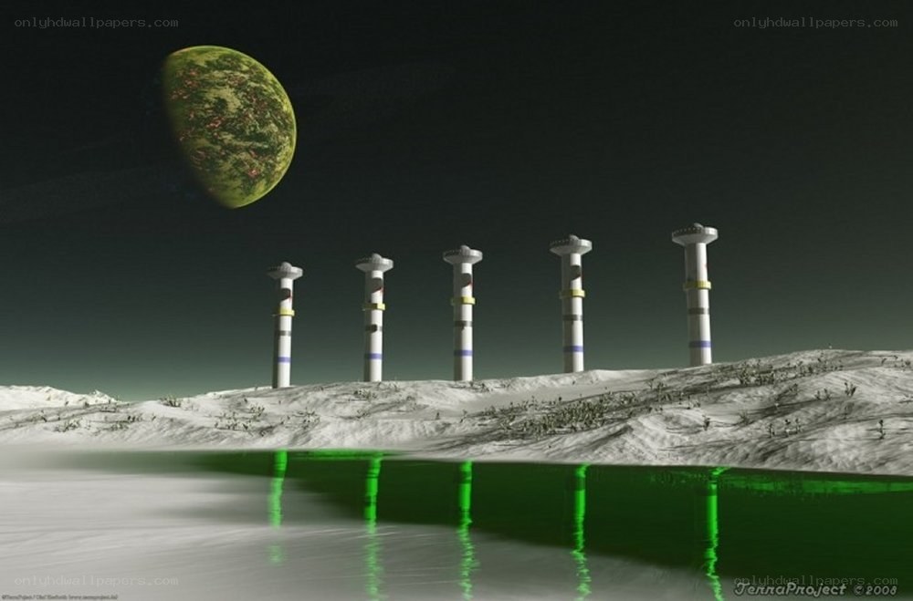 Alien landscape with green moon