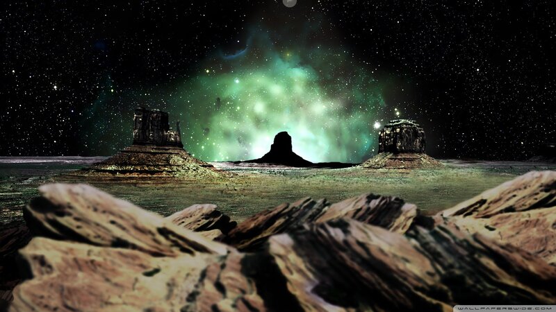 alien landscape with green nebula