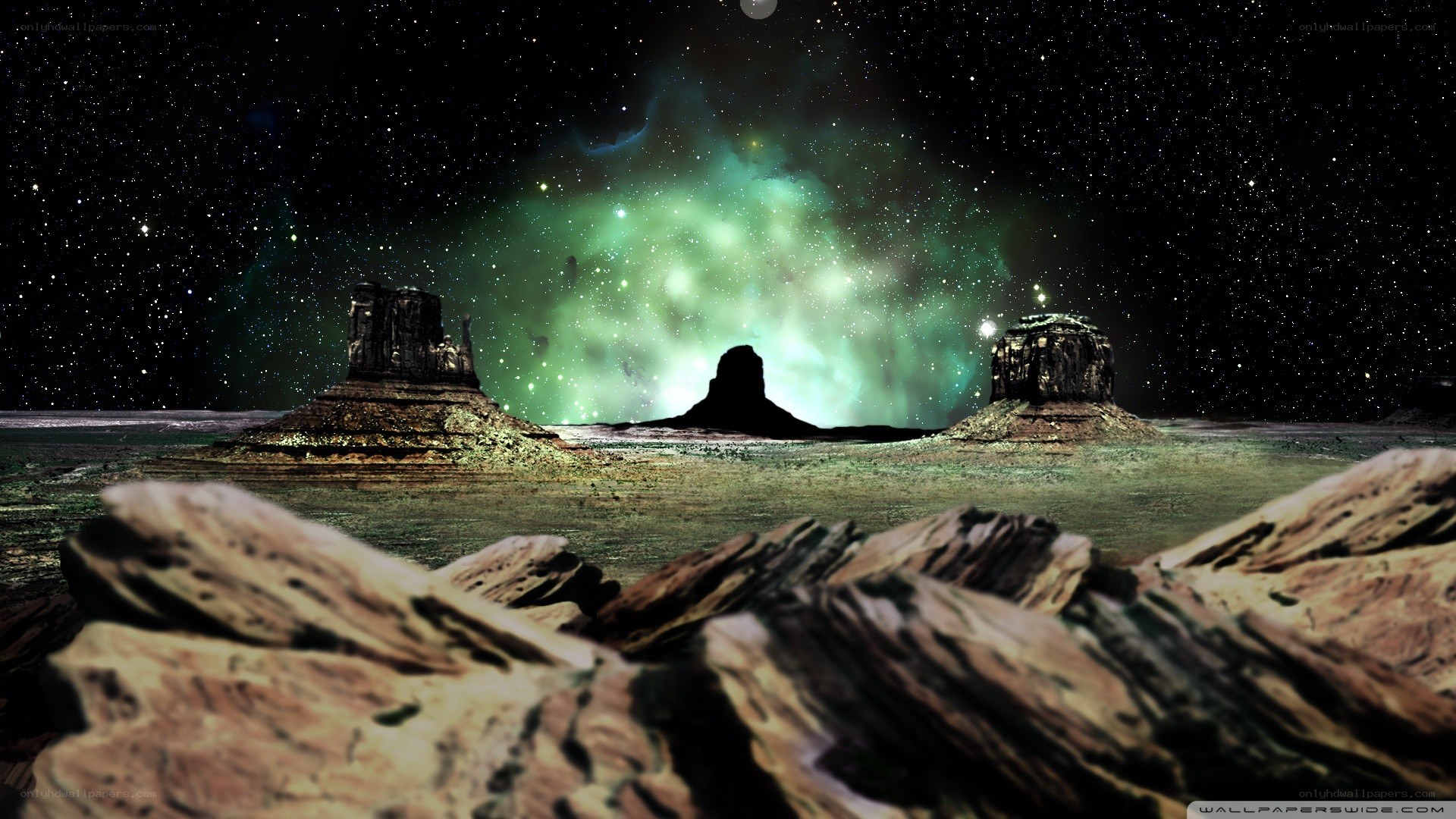 alien landscape with green nebula