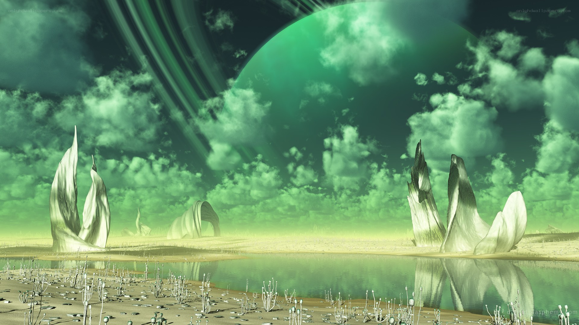alien landscape with green planet