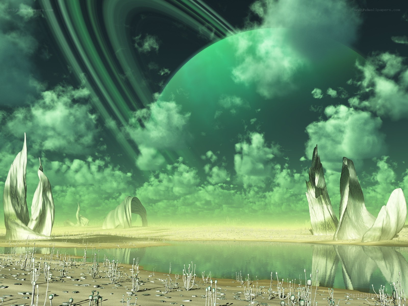 Alien landscape with green planet
