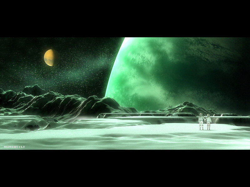 Alien landscape with green planet