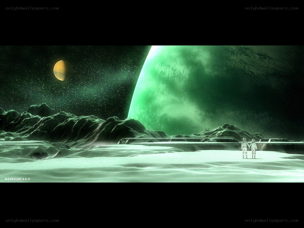 Alien landscape with green planet