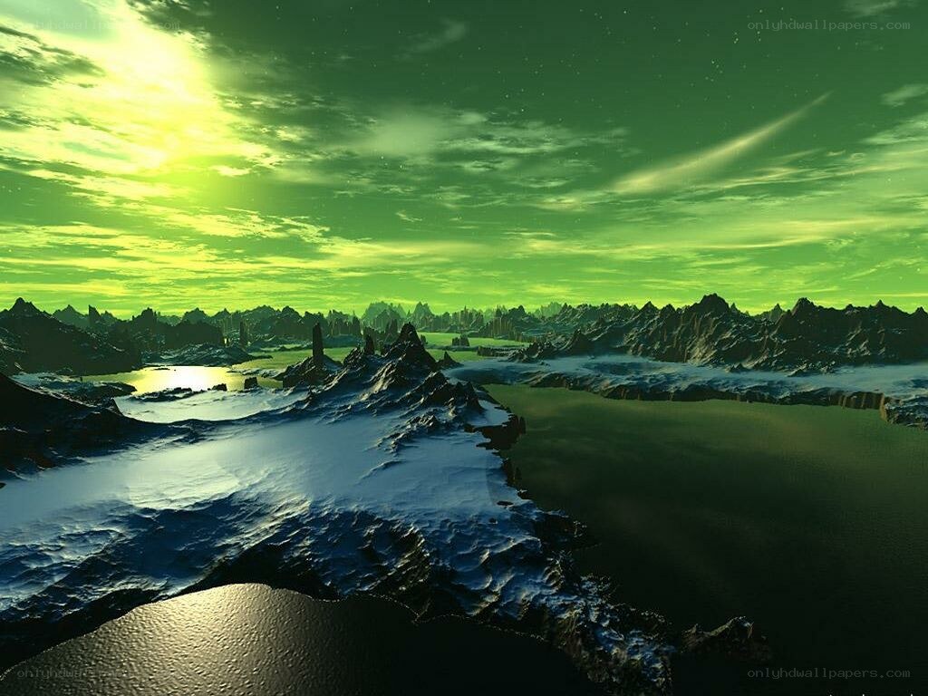 alien landscape with green sky
