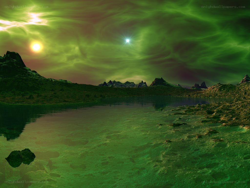 alien landscape with green sky