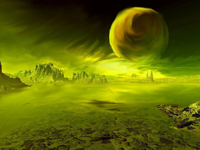 alien landscape with green sky