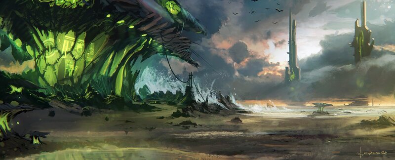 Alien Landscape with Green Structures