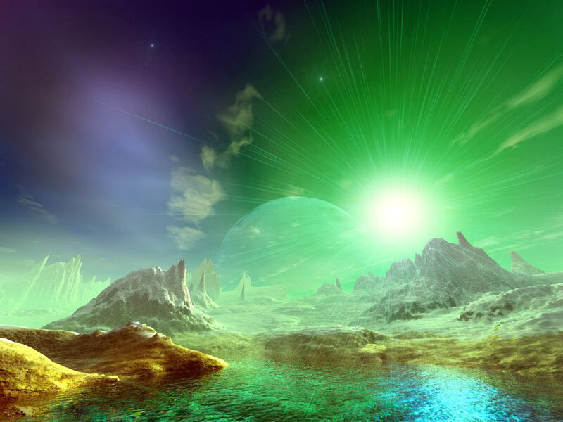 Alien Landscape with Green Sun — Dramatic, Night