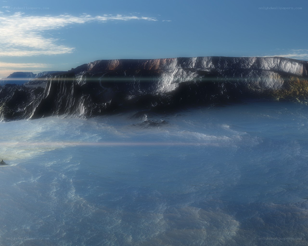 alien landscape with ice and cliffs