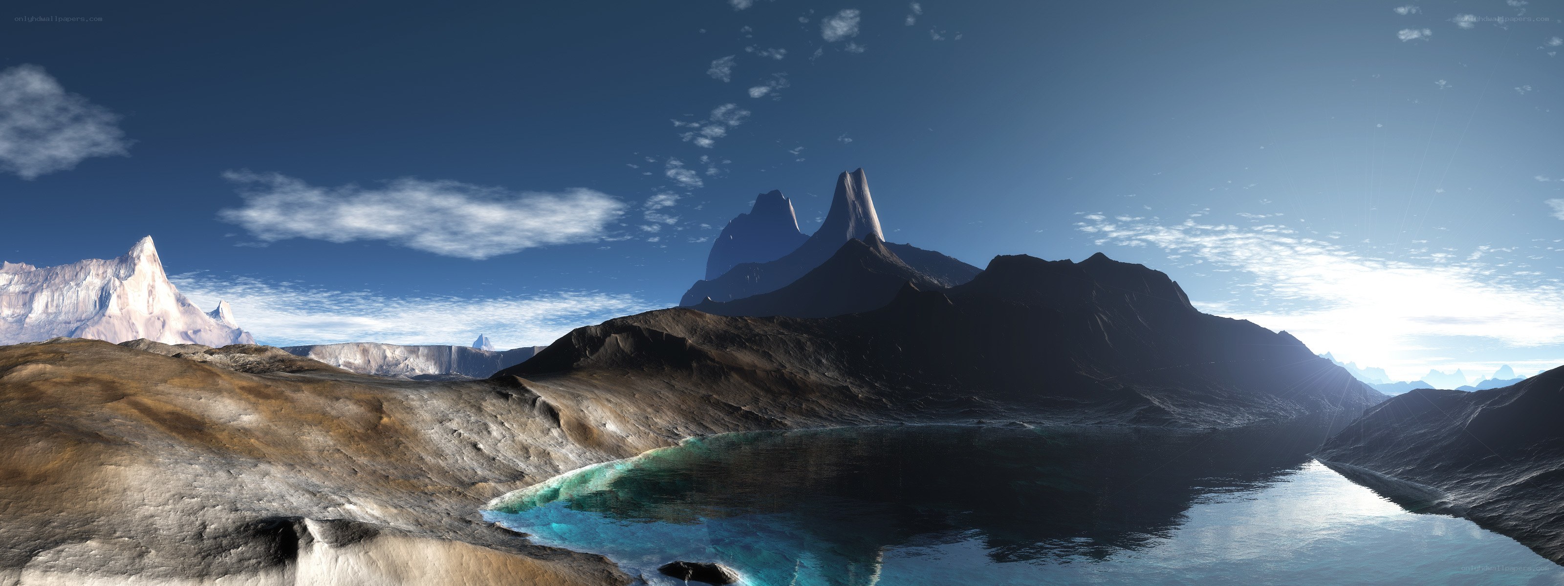 alien landscape with lake and mountains