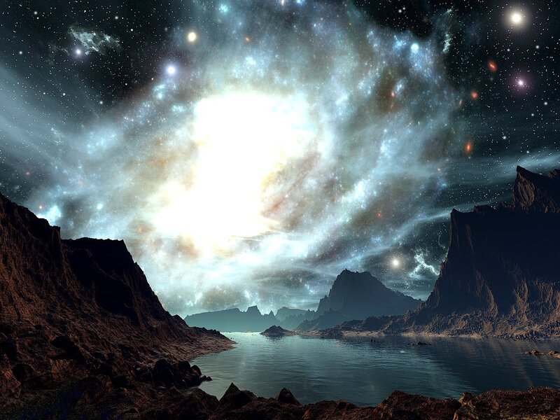 Alien Landscape with Lake — Blue, Dramatic, Night, Digital Art, Mountains