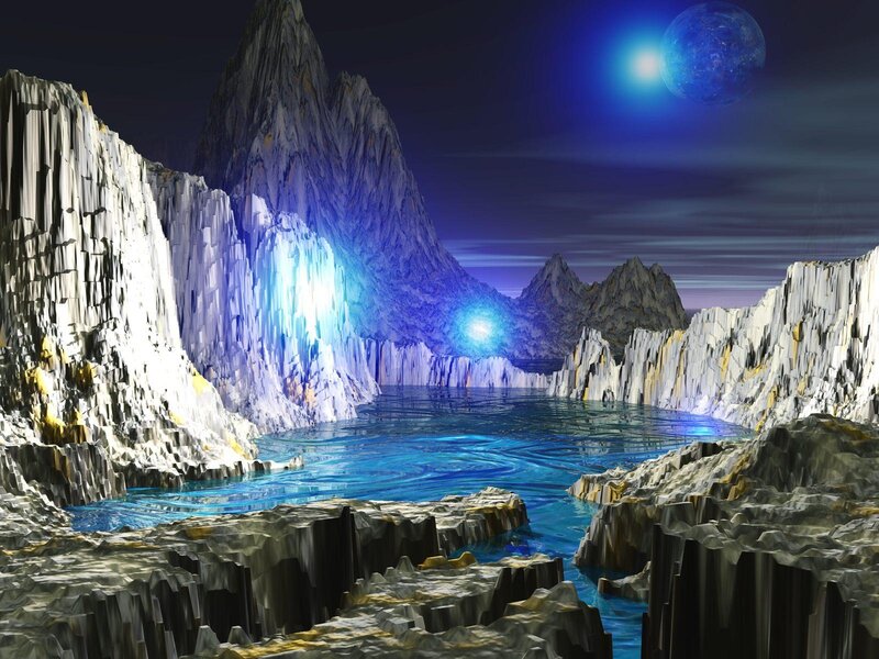 Alien Landscape with Lake — Blue, Dramatic, Night
