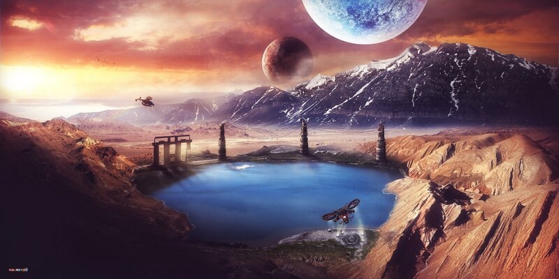Alien Landscape with Lake — Blue, Dramatic, Sunset, Digital Art