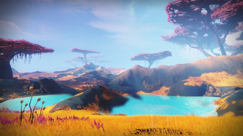 Alien Landscape with Lake — Blue, Serene, Afternoon, 3d Render