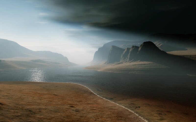 Alien Landscape with Lake — Brown, Dramatic, Digital Art