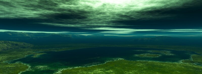 Alien Landscape with Lake — Green, Dramatic, 3d Render
