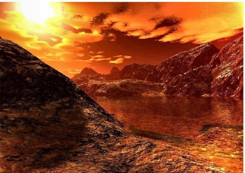 Alien Landscape with Lake — Orange, Dramatic