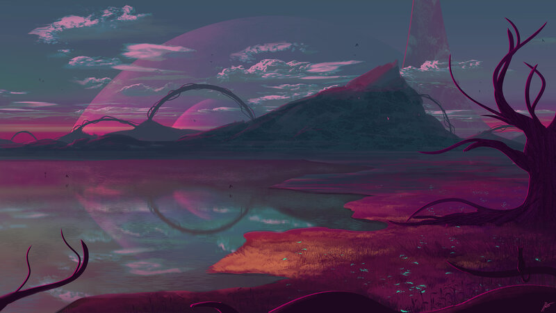 Alien Landscape with Lake — Purple, Dramatic