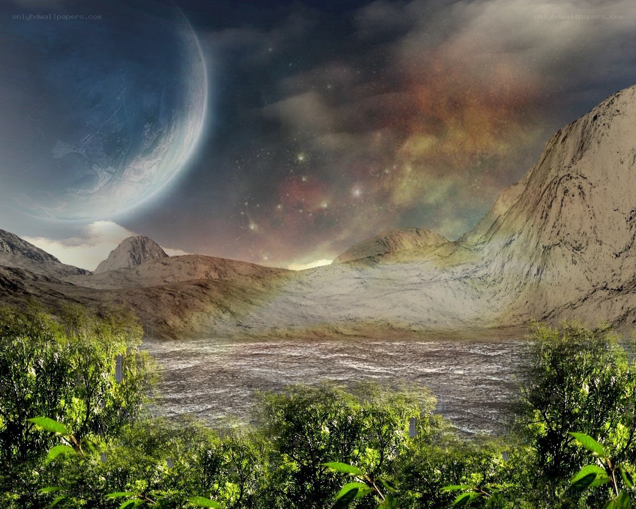 Alien landscape with large moon