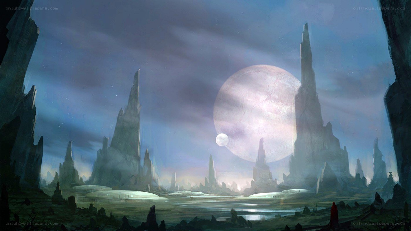 alien landscape with large moon