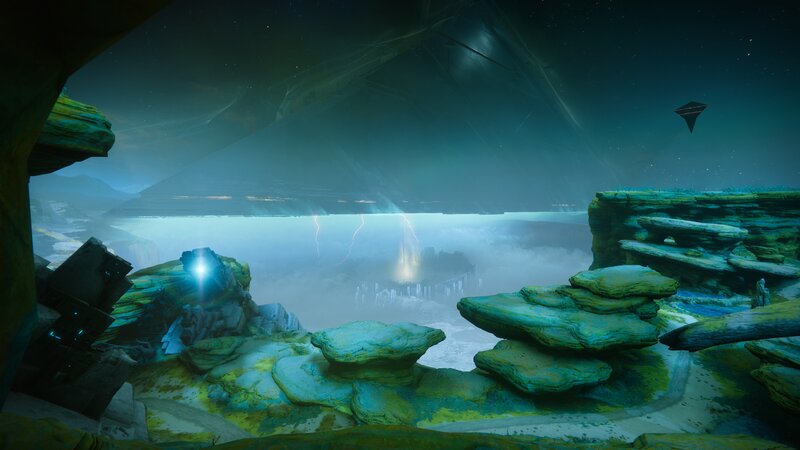 Alien Landscape with Lightning — Green, Dramatic, Night, 3d Render