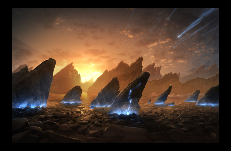 alien landscape with meteor shower