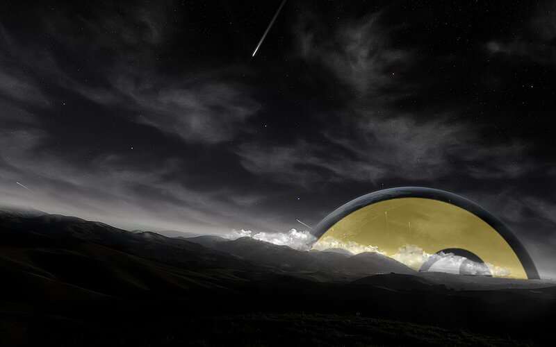 alien landscape with meteor shower