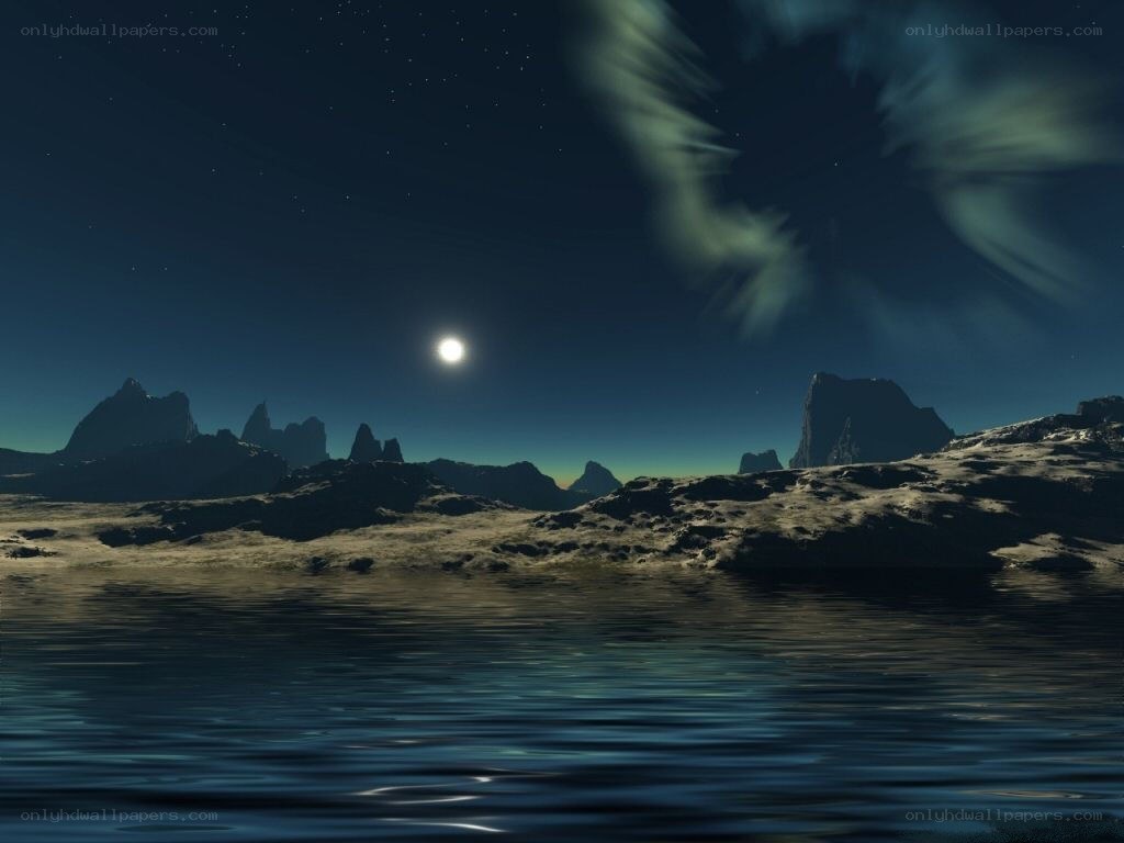 alien landscape with moon and aurora